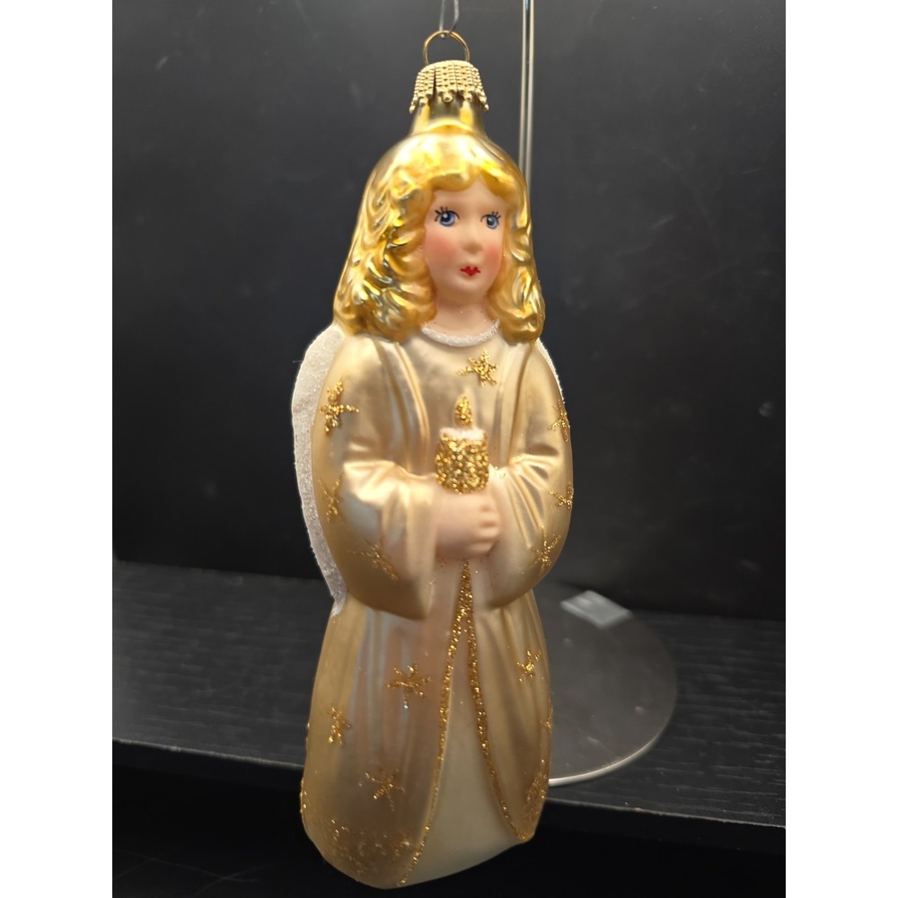 Vintage Krebs Gold Angel Christmas Ornament Gold Glitter Blonde Hair Mica 6.5"